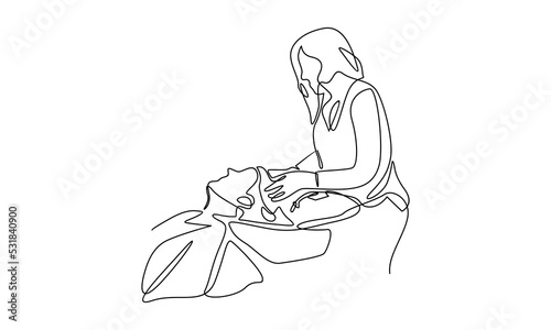 continuous line of young relaxed woman washing hair in hair salon