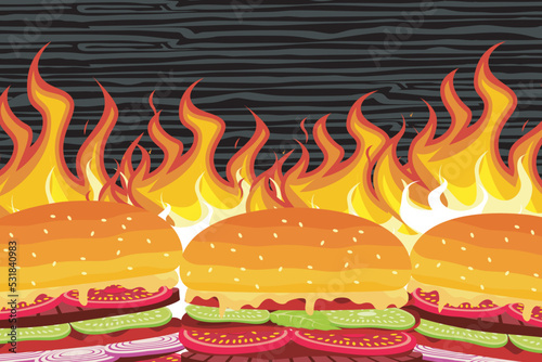 Hot spicy hamburger. Fast food. Hamburger illustration on blazing fire background