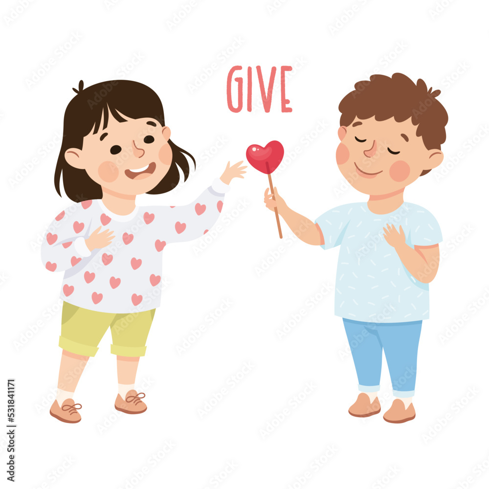 Little Boy Giving Girl Candy Demonstrating Vocabulary and Verb Studying Vector Illustration Little Boy Giving Girl Candy Demonstrating Vocabulary and Verb Studying Vector Illustration