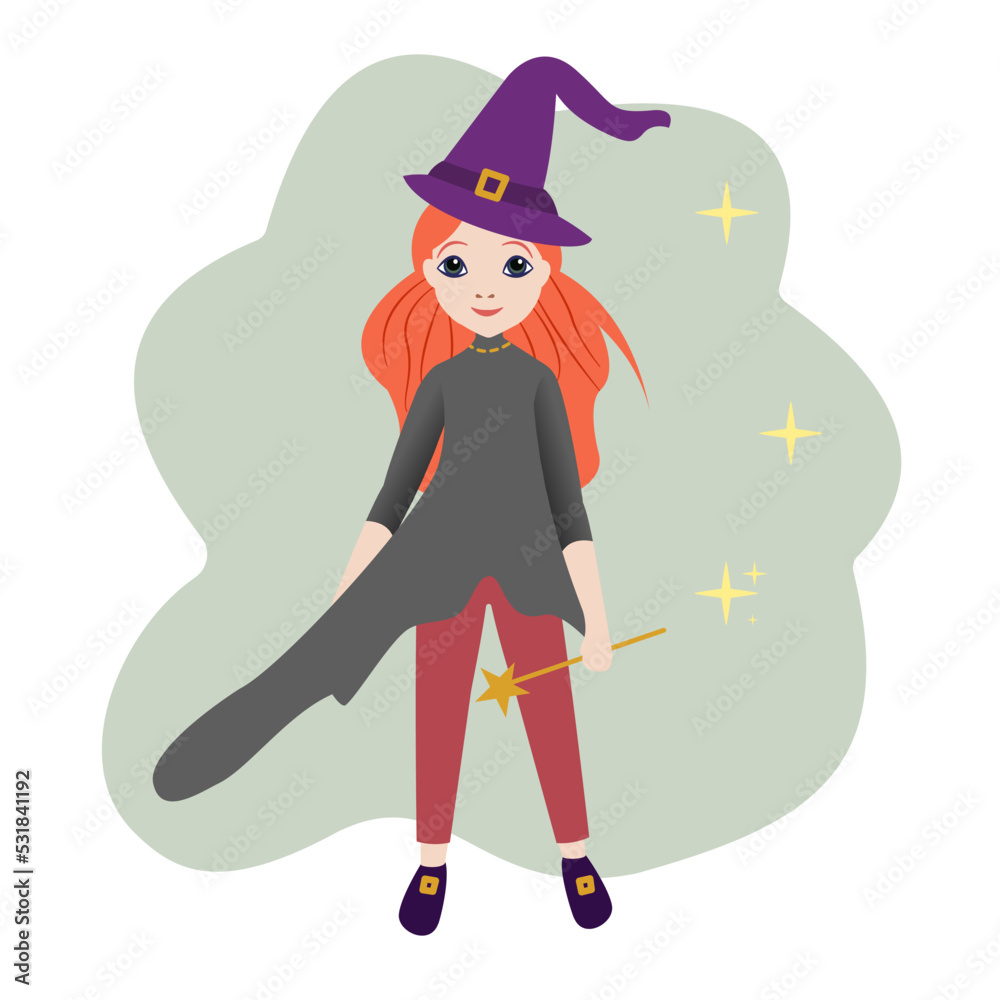 Cute red haired girl witch wearing magic hat and holding blasting rod