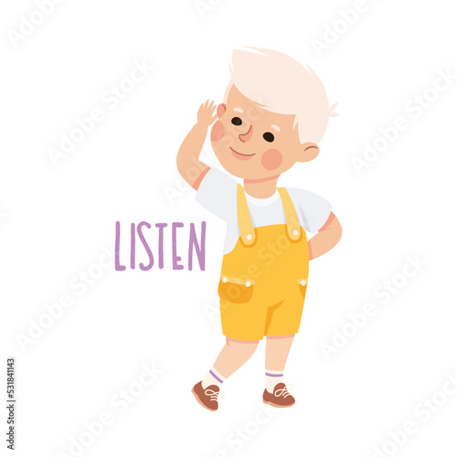 Little Boy Listening to Something Holding Hand by Ear Demonstrating Vocabulary and Verb Studying Vector Illustration