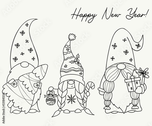Christmas Scandinavian gnomes. New year gnome with Christmas tree, ball and gifts and girl gnome with caramel stick. Vector illustration. Linear hand drawing Doodle. Isolated winter characters.