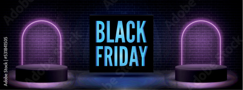 Black friday discount offer wide vector banner template. Year biggest sale, traditional shopping event. Modern glowing light box with podium neon arcs for seasonal clearance promotional poster design