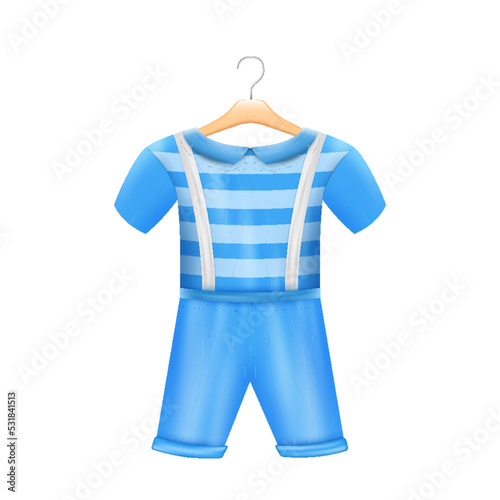 Blue romper costume for baby boy hanging on hanger isolated. Cute apparel for small kid