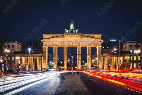 Brandenburg Gate with traces of light, illuminated at night, Berlin-Mitte, Berlin, Germany, Europe #531841587