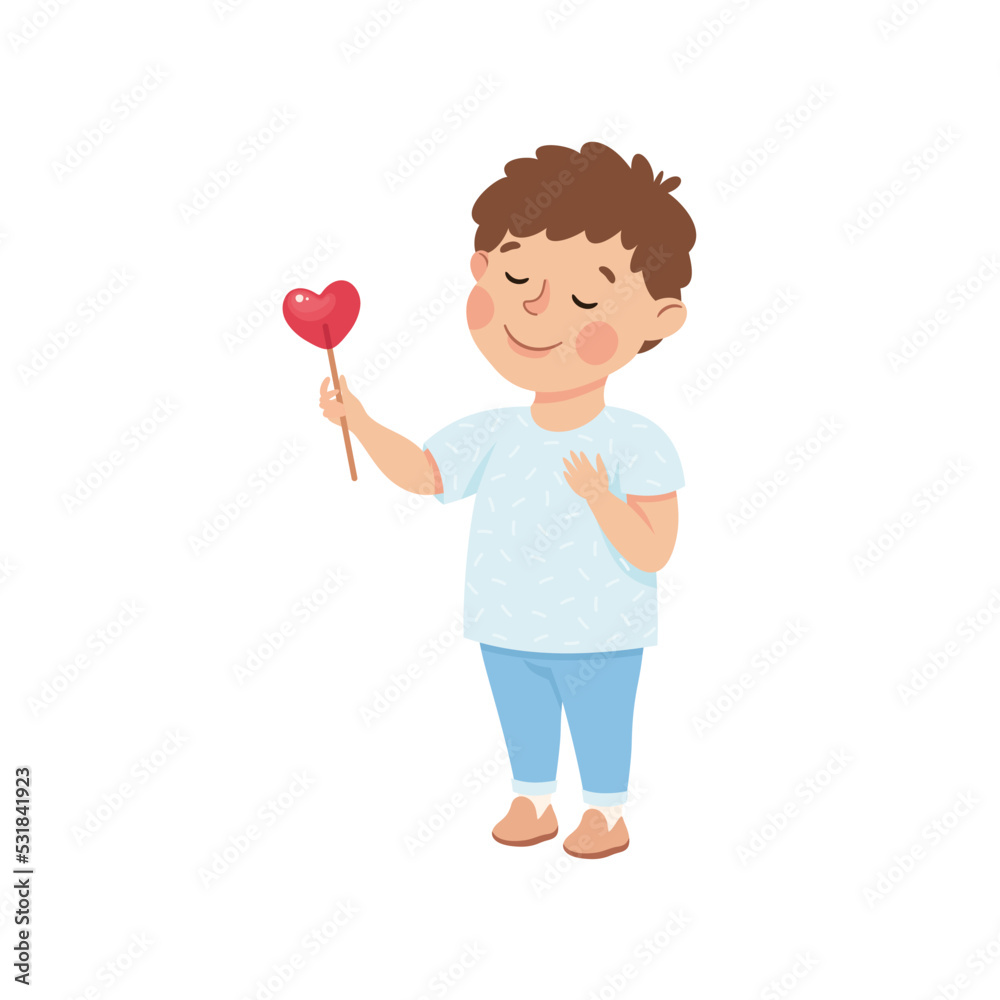 Smiling Little Boy Giving Heart Candy on Stick Sharing with Somebody Vector Illustration