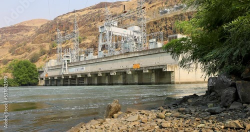 Oxbow Idaho hyro electric power station Snake River. Hydroelectric rockfill dam in Hells Canyon Idaho-Oregon border. Idaho Power of the western electric power distribution system.