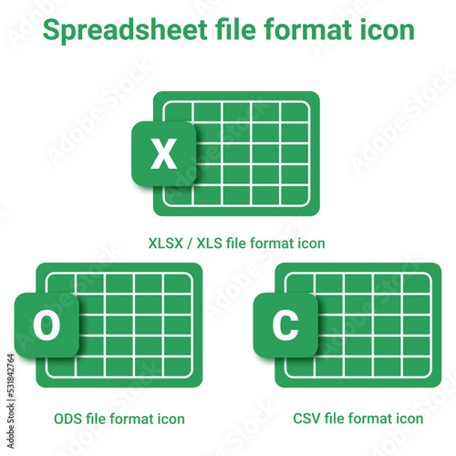 Vector of spreadsheet icon. XLSX or XLS format icon,CSV format icon,and ODS format icon.digital document extension. Open document format for spreadsheet.