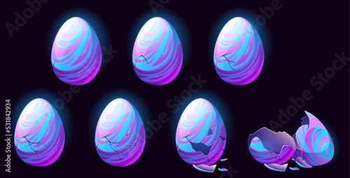 Fantasy dragon eggs in different steps of break with cracks and shell halves. Vector cartoon animation sprite sheet with sequence of magic animal or alien monster born from egg with spiral pattern