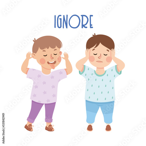 Little Boy Closing His Ears Ignoring Tease from Agemate Demonstrating Vocabulary and Verb Studying Vector Illustration