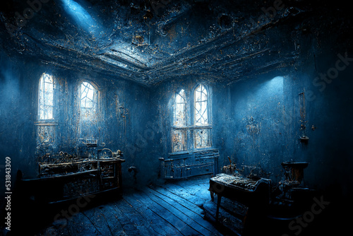 Old abandoned forgotten historical mansion, inside view. Digital art