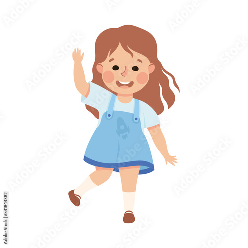 Cute Little Girl Waving Raised Hand Greeting Vector Illustration