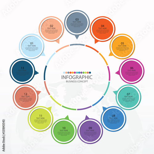 Basic circle infographic template with 13 steps, process or options, process chart, Used for process diagram, presentations, workflow layout, flow chart, infograph. Vector eps10 illustration.