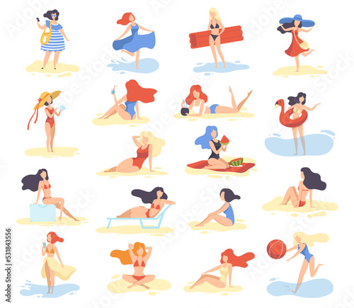 Young Woman at Sea Shore Engaged in Different Activity Big Vector Set