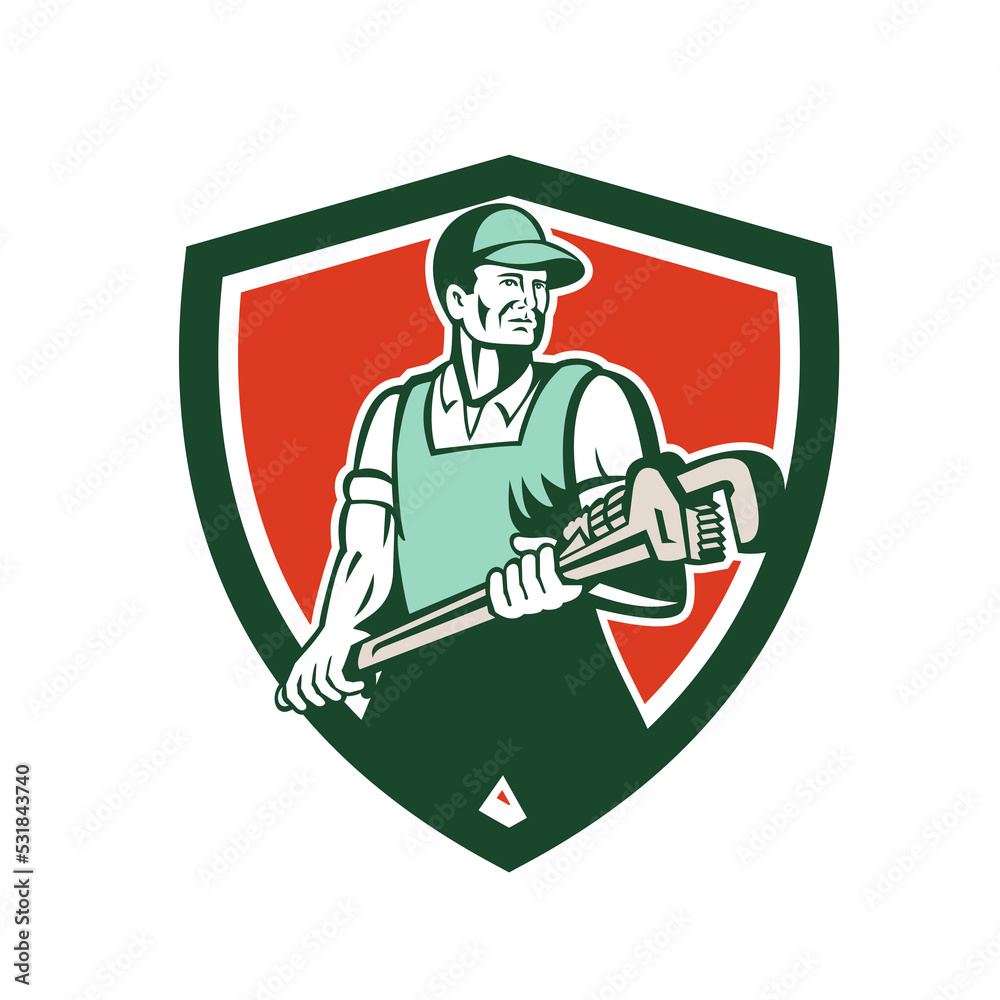 Plumber Holding Giant Wrench Retro Shield
