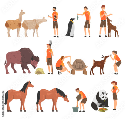 Leinwand Poster Man and Woman Zookeeper Engaged in Feeding and Daily Care of Animal Big Vector S