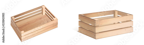 Wooden box or empty crate 3D vector isolated icon. Wood tray for farm fruit or vegetable, timber plank container for market storage, pallet for delivery, top angle view