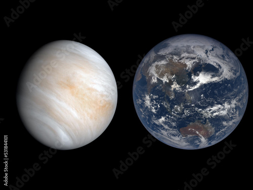 Accurate size comparison of Earth and Venus. Planet of Solar System.