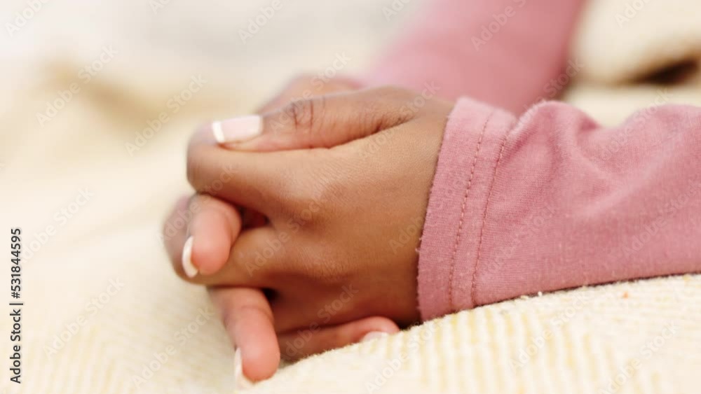 Black woman, hands or mental health anxiety in house, home or community psychology asylum. Zoom on nervous, scared or thinking person with stress or depression in counseling therapy for help support Black woman, hands or mental health anxiety in house, home or community psychology asylum. Zoom on nervous, scared or thinking person with stress or depression in counseling therapy for help support
