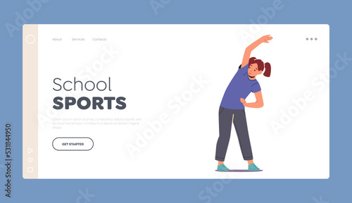 School Sports Landing Page Template. Little Girl Doing Morning Exercises. Wellness, Sport and Healthy Habits Concept