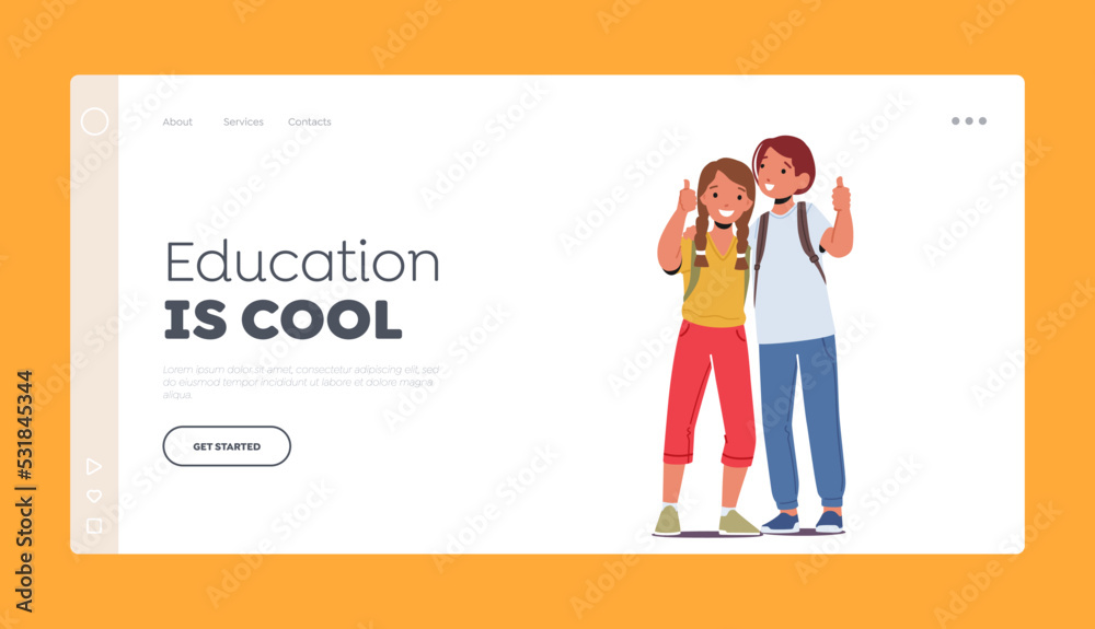 School Friends Landing Page Template. Girl and Boy Stand Together Showing Thumb Up. Kids Pupil Characters with Backpacks