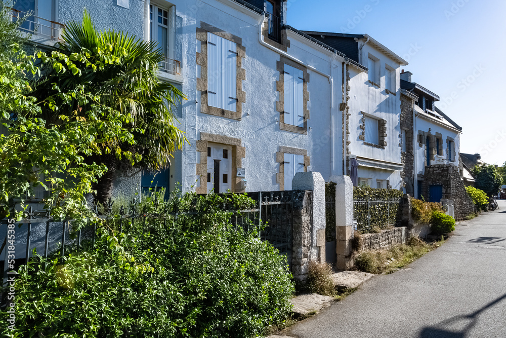 Brittany, Ile aux Moines island in the Morbihan gulf, small street and beautiful houses in the village

