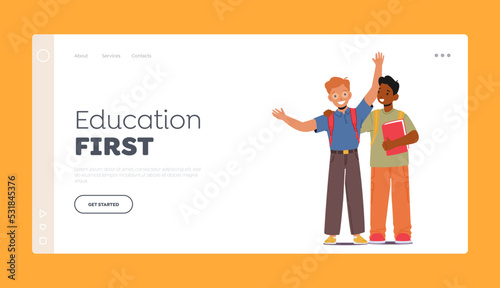 Happy Kids Education Landing Page Template. Schoolboys Friends with Backpacks and Books Stand Together Hug, Waving Hands
