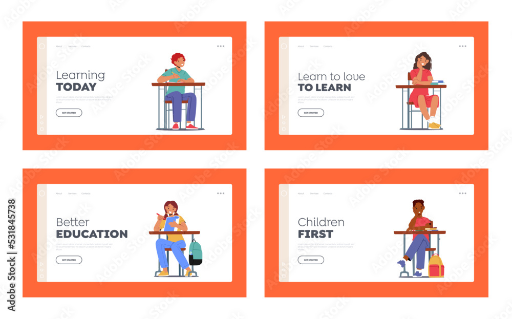 Students Kids Back to School Landing Page Template Set. Pupils Boys or Girls with Backpacks and Textbooks Learning Students Kids Back to School Landing Page Template Set. Pupils Boys or Girls with Backpacks and Textbooks Learning
