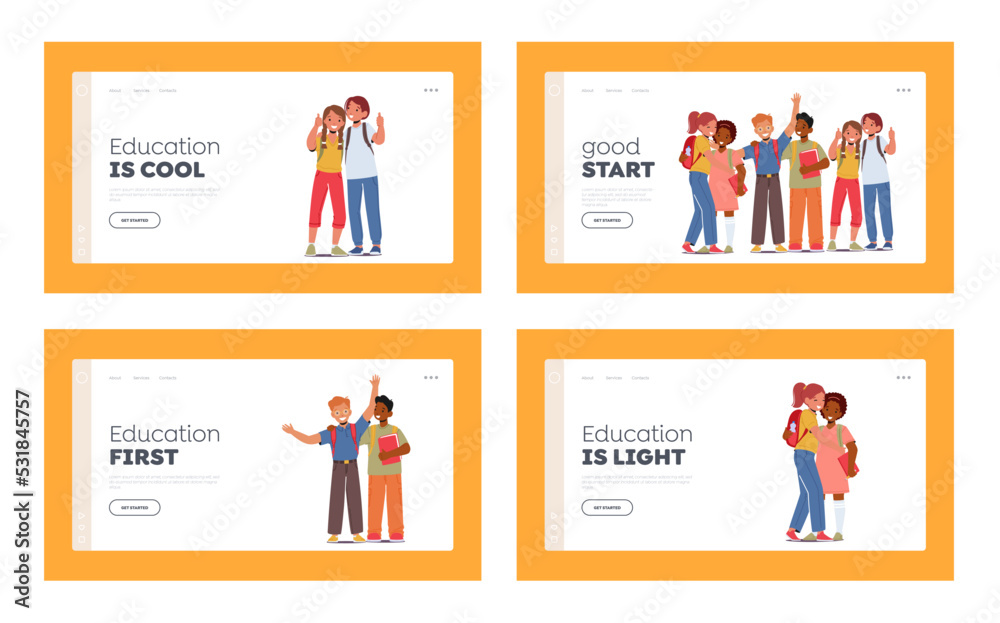 School Friends Landing Page Template Set. Girl and Boy Showing Thumb Up Together. Kids Pupil Characters with Backpacks