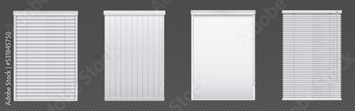 Windows with jalousie and roller shutter curtains. Plastic pvc single casement blinds front view. Home facade design elements isolated on transparent background, Realistic 3d vector illustration, set