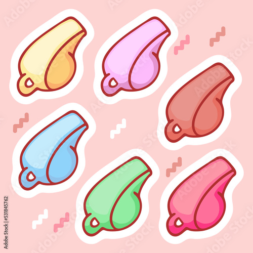 Cute hand-drawn set of coach's whistles in doodle cartoon style. Sweet composition in neutral candy colors. Kawaii element for card, social media banner, sticker, decoration kids playroom. Vector