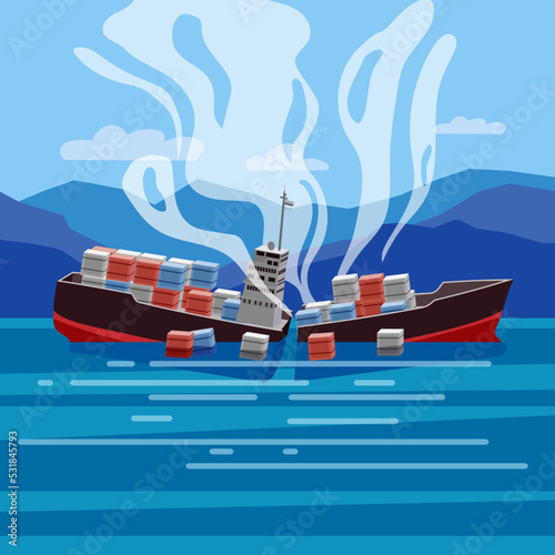 Wreck of the ship of cargo in ocean, vessel going under water and goods containers. Marine transport crash, cartoon