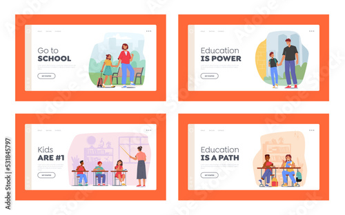 School Kids Landing Page Template Set. Students on Lesson, Children with Teacher in Classroom. Boys or Girls Sit at Desk
