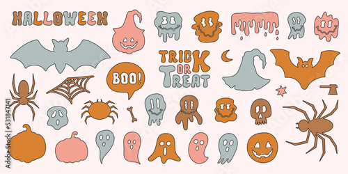 Halloween set cute retro icons isolated on a light background. Funny cartoon icons and symbol. Vector illustration