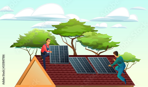 Two workers install solar panels on roof. Alternative energy. Renewable sources of electrical energy. Workers work on roof. Against backdrop of trees and sky. Service illustration Vector.