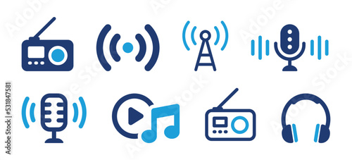 Radio icon set. Containing vintage radio, live, antennae, microphone, play music and headset icon. Vector illustration.