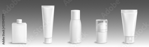 White bottles and tubes for cosmetic, cream, lotion and gel. Vector realistic mock up of 3d cosmetic package, blank containers with plastic clear caps isolated on transparent background