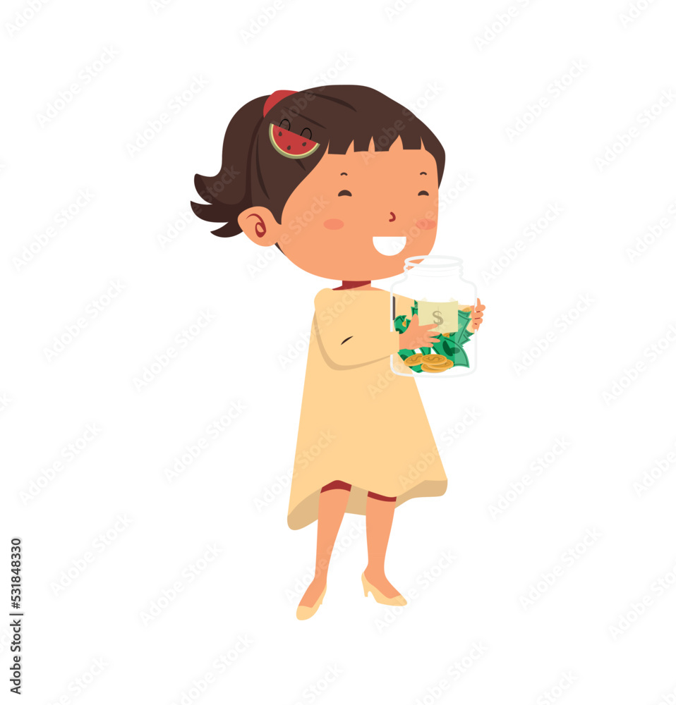 Cute girl carry money jars concept of saving money Cute girl carry money jars concept of saving money