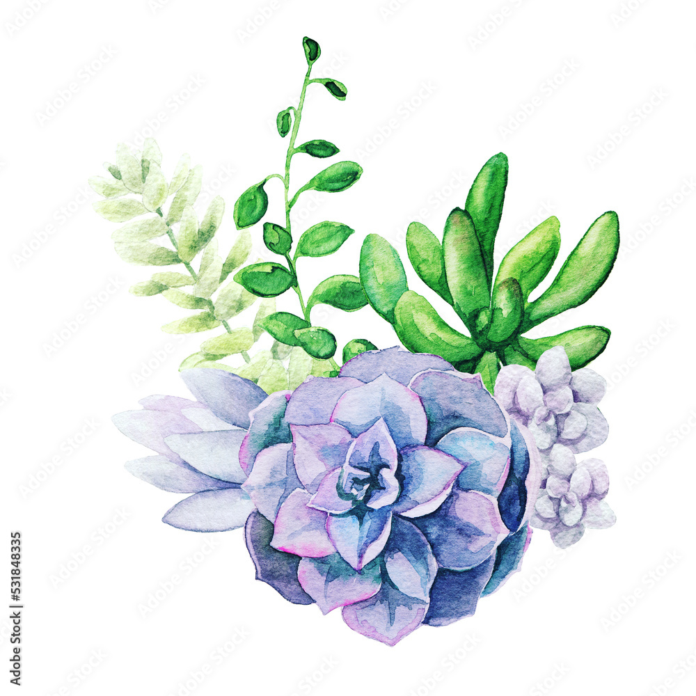 Obraz premium Bright watercolor succulent plants bouquet, arrangement, hand drawn