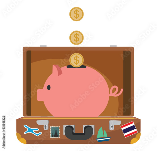 Open suitcase with Piggy Bank planning economy travel