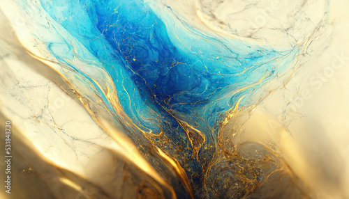 Abstract luxury marble background. Digital art marbling texture. Turquoise, gold and white colors. 3d illustration 