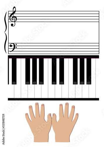 Piano fingering vector illustration and sheet music