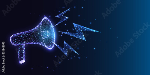Futuristic concept of commercial, advertisement with megaphone and lightnings symbols on dark blue