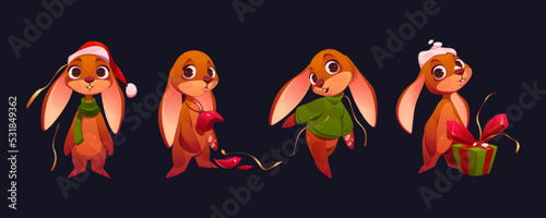 Cute Christmas rabbit cartoon character, funny xmas bunny in Santa hat, green scarf, sweater, holding broken bauble and gift box. Animal personage for winter holidays celebration, Vector illustration