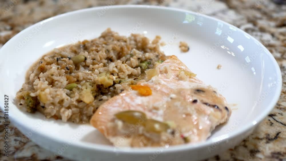 Fresh and hot salmon miso on a serving plate Fresh and hot salmon miso on a serving plate