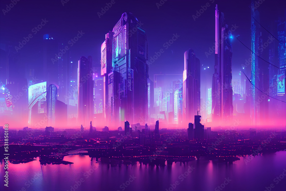 futuristic cyberpunk city skyline at night, Generative AI