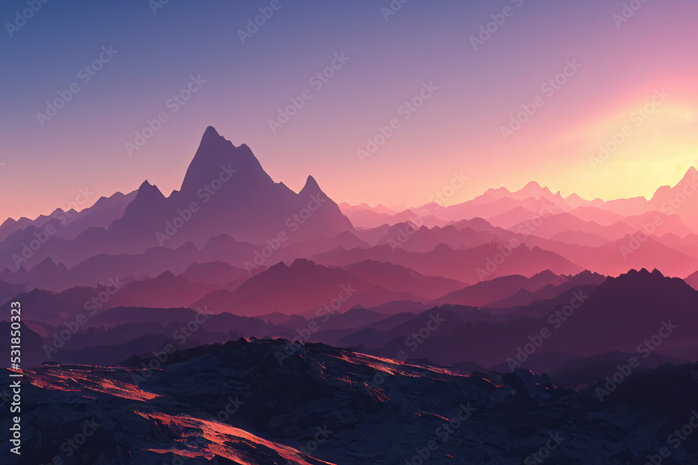 Spectacular sunrise on the mountain valley. Beautiful landscape. 3d illustration