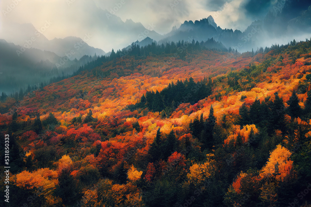 Beautiful autumn forest and mountains landscape. 3d illustration