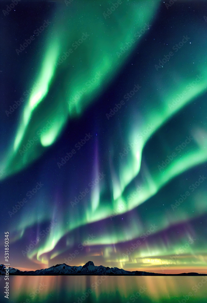 Northern Lights on the night sky. Aurora Borealis over mountains landscape. 3d illustration