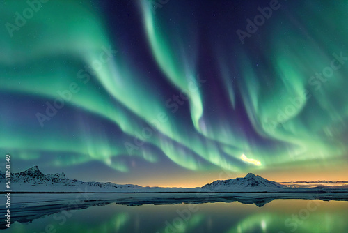 Northern Lights on the night sky. Aurora Borealis over mountains landscape. 3d illustration